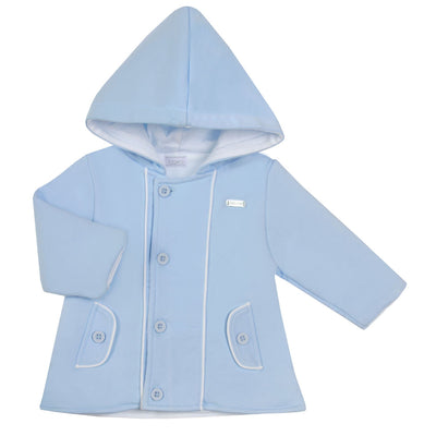 Introducing our new autumn/winter collection for boys! Keep your little ones warm and stylish with our Amore branded button up hooded jacket in finished in a pastel baby blue colour. Made with a soft fabric, it also features convenient pockets and a cosy white lining. Available in sizes 0-3 month up to 18-24 month.