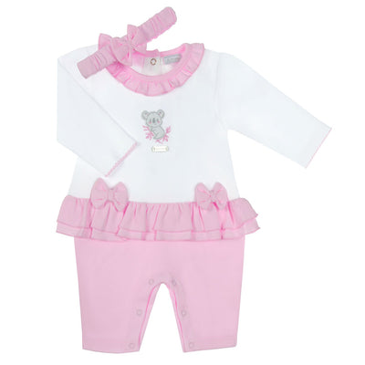 As an expert in children's clothing, Amore offers this adorable girls white &amp; pink koala motif romper and headband set. Featuring a playful koala motif on the chest, frill detail around the waist, and a matching headband, this long sleeve romper is perfect for girls of all sizes, from 0-3 months up to 6-9 months. Make your little one stand out in this cute and comfortable autumn winter outfit.