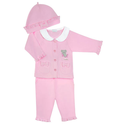 Add some adorability and style to your little girl's wardrobe with our girls pink top, trouser &amp; hat set! Made by Amore, this autumn/winter outfit features a long-sleeve top with a charming koala motif, complete with a button-up front and white collars. Available in sizes 0-3 months to 18-24 months.