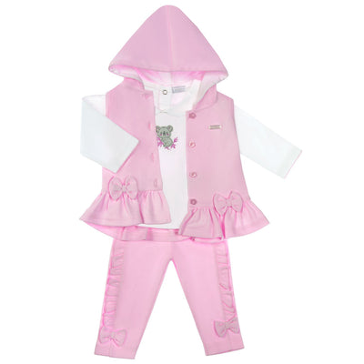 This Amore branded outfit from the autumn winter collection is perfect for baby girls. The three piece set includes a pink button up hooded gilet with bow detail, a white long sleeve top with a cute koala motif, and pink trousers with frill and bow detail. Available in sizes 0-3 months up to 18-24 months.