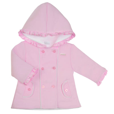 Introducing our new arrival: the girls pink button up hooded jacket by children's boutique clothing brand, Amore. Keep your little one warm and stylish with its soft fabric, small frill detail around the hood and cuffs, and button up design. Available in sizes 0-3 months up to 18-24 months.