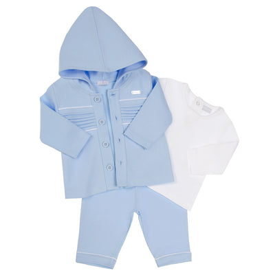 This children's clothing boutique branded Amore boys blue &amp; white three piece set is a stylish and practical choice for little boys. The hooded blue jacket, with its pleated design and button fastening, adds a cute touch to this outfit. The white long sleeve top and blue trousers provide a comfortable and coordinated look. Available in sizes 0-3 months up to 18-24 months.