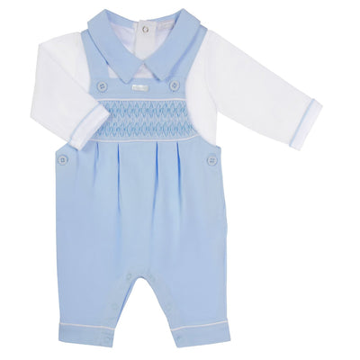 Introducing our Amore branded boys blue &amp; white smocked dungaree set from our autumn winter collection. This set features a blue dunagree with a white top and a smock design across the middle, paired with a long sleeve top with a stylish collar design. Available in sizes 0-3 months up to 18-24 months. Dress your little one in style and comfort with this adorable set.