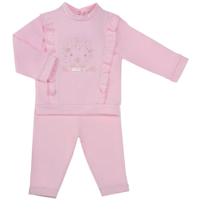 Introduce your little one to autumn in style with our Amore branded girls pink two piece outfit! This adorable set features a long sleeve top with a playful frill and charming hedgehog motif, paired with matching trousers. Available in sizes 0-3 months up to 18-24 months.