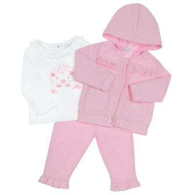 Update your little girl's wardrobe with our Amore branded, three piece outfit. Featuring a pink long sleeve top with a playful hedgehog motif, a zip up hooded jacket, and matching trousers. This autumn winter collection is perfect for sizes 0-3 month up to 18-24 month and is a new arrival for added style and warmth.