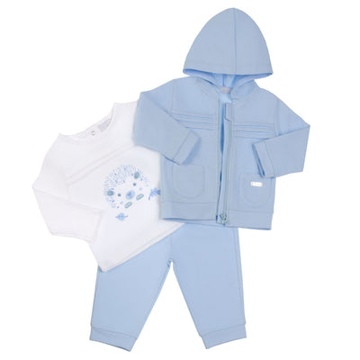 Upgrade your little one's wardrobe with our Amore branded boys three piece blue and white top, trouser &amp; jacket set. Perfect for the autumn winter season, this new arrival is both stylish and comfortable. The zip up hooded jacket, long sleeve top, and matching trousers create a complete outfit. Available in sizes 0-3 months up to 18-24 months.