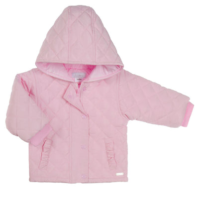 Keep your little girl warm and stylish in our girls pink hooded quilted jacket. The quilted design and zip up fastening ensure maximum warmth while the pockets on the front add functionality. Available in sizes 0-3 month up to 3-4 year old, and proudly Amore branded.