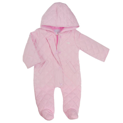 This Amore branded snowsuit is a must-have for your little girl's winter wardrobe. Keep her warm and stylish with the quilted design and hooded feature. The zip up fastening makes dressing easy, while the closed feet for smaller sizes and open feet for larger sizes ensure maximum comfort. Shop this new arrival from our autumn winter collection now.