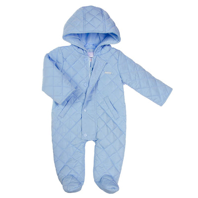 Introduce your little one to outdoor adventures with our boys blue hooded quilted snowsuit. From our new autumn winter collection, our Amore branded snowsuit features a hooded design, zip up fastening, and pocket detail. Sizes 0-3 month up to 6-9 month come with closed feet, sizes 9-12 month up to 18-24 month have open feet.