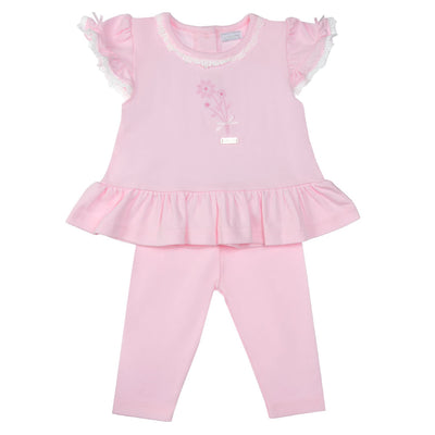 Introducing our girls pink petite fleur top &amp; legging set from our Amore spring/summer collection. This two piece set features a delicate Petite Fleur design with frills on the top and matching leggings. Perfect for sizes 0-3 months to 18-24 months. Upgrade her wardrobe with this charming set.