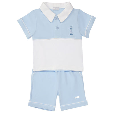 Amore brings you this stylish and comfortable boys' blue and white polo shirt and shirt set. The polo t-shirt features a button down fastening, collars and short sleeves, while the shirt has a lighthouse motif on the side. The accompanying blue shorts have an elasticated waistband, making it suitable for sizes ranging from 0-3 months to 18-24 months. Perfect for any occasion!