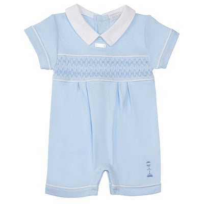 Introduce your little one to the summer season in style with our new Amore branded blue short sleeve romper. Designed with a white collar and smocked band across the chest, this romper also features a charming lighthouse embroidery on the leg. Available in sizes 0-3 months to 6-9 months.