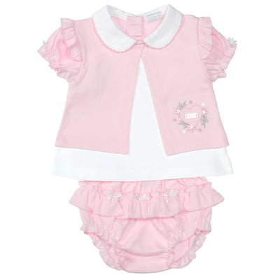 This Amore branded two piece jam pant set for girls in pink and white is perfect for your little one. The pink top with attached white shirt features a cute heart detail, while the jam pants have a ruffle detail. Available in sizes 0-3 month up to 18-24 month.