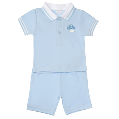 Introducing our boys blue polo shirt &amp; shorts set from Amore, part of our spring summer collection. This two piece set features a stylish blue polo t-shirt with a collar and a playful toy car embroidery on the top. The matching blue shorts complete the outfit. Available in sizes 0-3 months up to 18-24 months. Perfect for your little one's wardrobe.