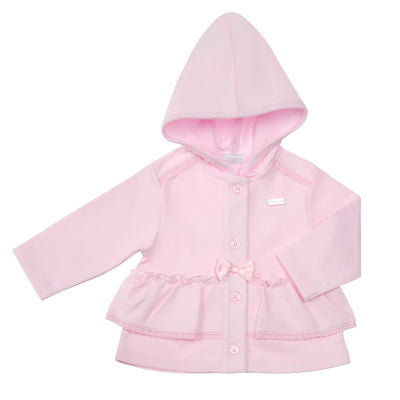 Get your little one ready for any summer adventure with our girls pink lightweight hooded summer jacket! Made by the trusted childrenswear brand, Amore, this jacket is the perfect addition to our spring/summer range. Your child will be both stylish and comfortable in this gorgeous jacket. Available in sizes 0-3 months up to 18-24 months, this jacket also includes a ruffle design, bow detail, and button fastening for added flair. Give your child the best with our lightweight and trendy summer jacket.