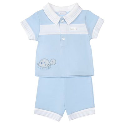 This adorable two piece set from Amore features a blue and white polo shirt with a playful turtle embroidery on the side. The shirt has a classic collared design with a button fastening and white band stripe on the chest. Paired with comfortable blue shorts with an elasticated waistband, this outfit is perfect for spring and summer. Available in sizes 0-3 months up to 18-24 months.