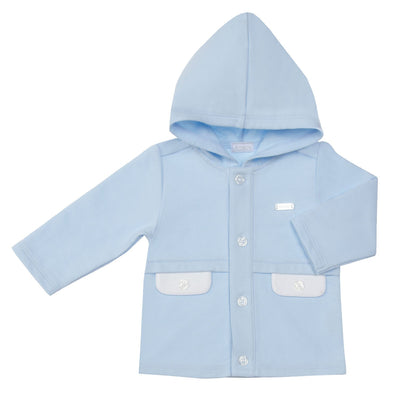 This boys' pastel blue lightweight jacket is perfect for spring and summer. The classic design features a hood and button down fastening, while the white flaps on the pockets add a stylish touch. Available in sizes 0-3 months up to 18-24 months, this jacket is a must-have for any little one's wardrobe.