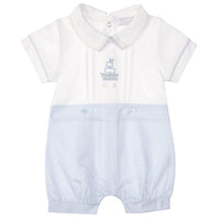 This Amore boys white and blue short sleeve romper features a classic design with a sailor ship motif on the front. The perfect summer outfit for your little sailor in sizes 0-3 months up to 18-24 months. Make a statement with this branded romper!