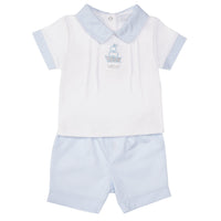 This Amore branded two piece top and shorts set is perfect for your little sailor. Featuring a charming ship motif on the top and blue trims around the arms, this set will have your little one looking adorable and stylish. Available in sizes 0-3 months up to 18-24 months.