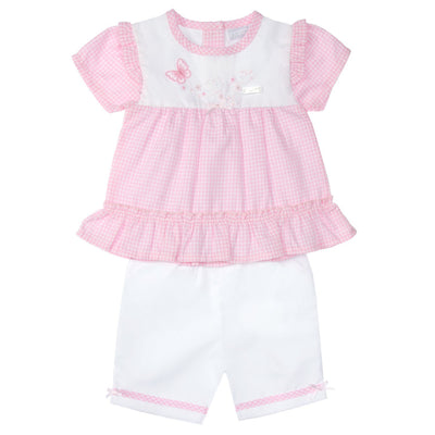 Get ready for spring and summer with our girls pink &amp; white butterfly detail top and legging set by childrenswear boutique brand Amore! This two piece outfit features a pink short sleeve top and white leggings with a matching pink trim. The white box design on the top is adorned with beautiful butterfly embroidery, adding a fun and playful touch. Available in sizes 0-3 months up to 18-24 months.