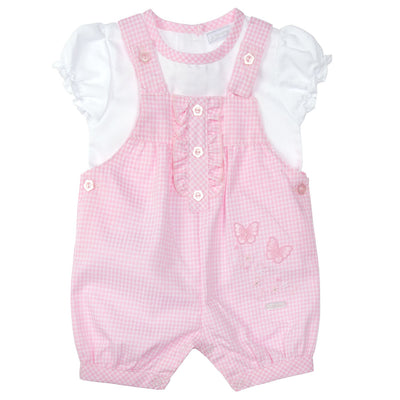 This Amore branded girls pink and white dungaree set is perfect for the spring and summer season. The white round neck top with pink trim provides a comfortable and stylish base, while the pink dungaree with butterfly detail adds a whimsical touch. Available in sizes 0-3 months up to 18-24 months.