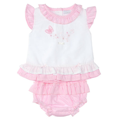 Experience this charming 2-piece set made for little girls by Amore. The top features a sweet pink ruffle detail on the neckline and sleeves, complemented by a lovely butterfly decoration. The matching pink jam pants showcase an adorable frilled pattern. Available in sizes from 0-3 months to 18-24 months, ideal for your growing child.