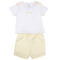 This Amore branded two-piece set is perfect for your little one's spring and summer wardrobe. The white round neck t-shirt with lemon detail pairs perfectly with the lemon shorts, creating a fresh and stylish look. Available in sizes 0-3 months up to 18-24 months. Ideal for Easter festivities or any warm weather occasion.