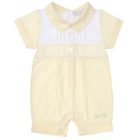 Introduce your little boy to the Amore collection with our new arrival lemon and white romper. This classic spring and summer design features a crisp white box traditional design, collar, and button fastening on reverse. Available in sizes 0-3 months up to 18-24 months, it's the perfect choice for a stylish Easter outfit.