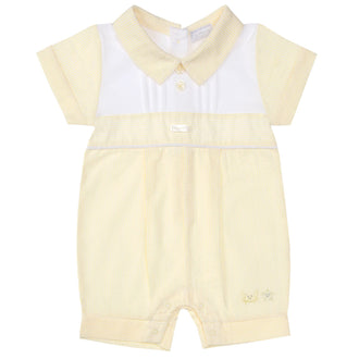 Introduce your little boy to the Amore collection with our new arrival lemon and white romper. This classic spring and summer design features a crisp white box traditional design, collar, and button fastening on reverse. Available in sizes 0-3 months up to 18-24 months, it's the perfect choice for a stylish Easter outfit.