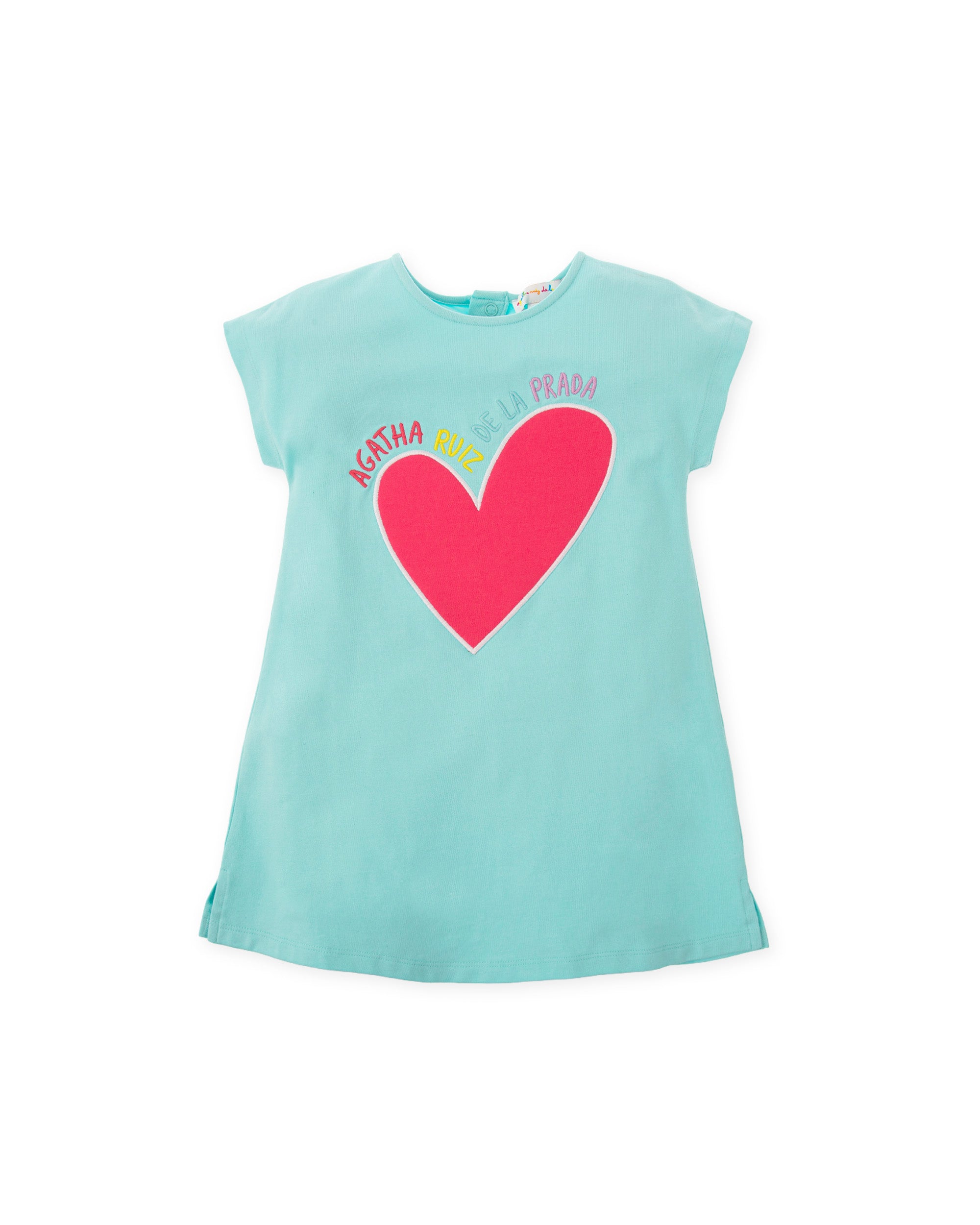 Agatha Ruiz de la Prada girls aqua marine short sleeve dress with pink heart