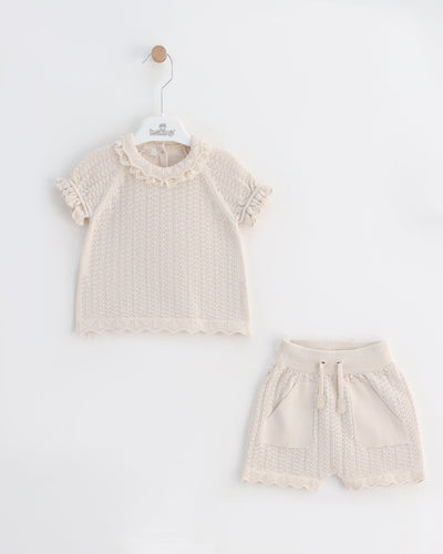 <p>This Leo King branded girls beige knitted two piece top &amp; shorts set, part of our Spring Summer Collection, is perfect for your little one. Made from high-quality knit fabric, this set is comfortable and stylish. The lace detail around the collar gives it a beautiful finish. Available in sizes 3-6 months up to 12-18 months.</p>