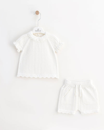 <p>Introducing the latest addition to our Spring Summer Collection - a stunning girls' white knitted two piece top &amp; shorts set. Skillfully made from premium knit fabric, each piece guarantees both comfort and style for your little one. The elegant lace collar adds a touch of refinement to the ensemble. Offered in sizes ranging from 3-6 months to 12-18 months.</p>