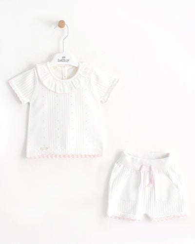 <p>The spring summer collection by Leo King offers a charming girls white two piece top &amp; shorts set, including a delicate white frilly collar and elastic waistband shorts made of soft, natural cotton. This set is available in a range of sizes from 6-9 months up to 18-24 months, ensuring a comfortable and fashionable fit.</p>