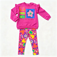 girls fuchsia pink sweatshirt and printed leggings two piece set flat lay
