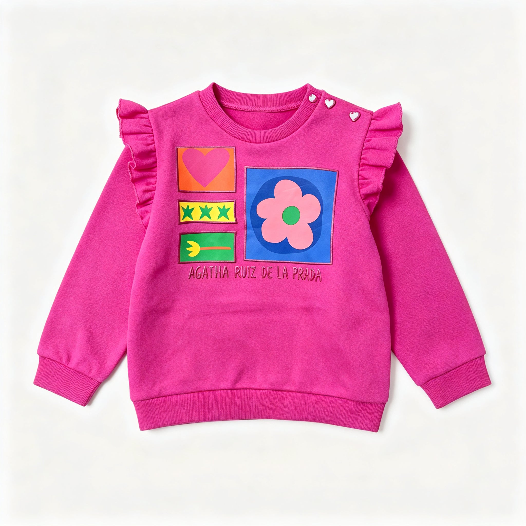 girls fuchsia pink ruffle shoulder sweatshirt with graphic print flat lay