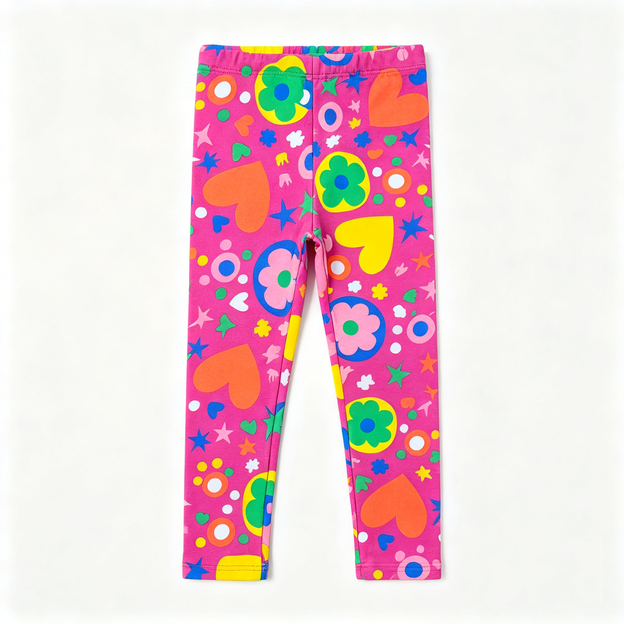 girls fuchsia pink leggings with all over heart and flower print flat lay