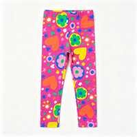 girls fuchsia pink leggings with all over heart and flower print flat lay