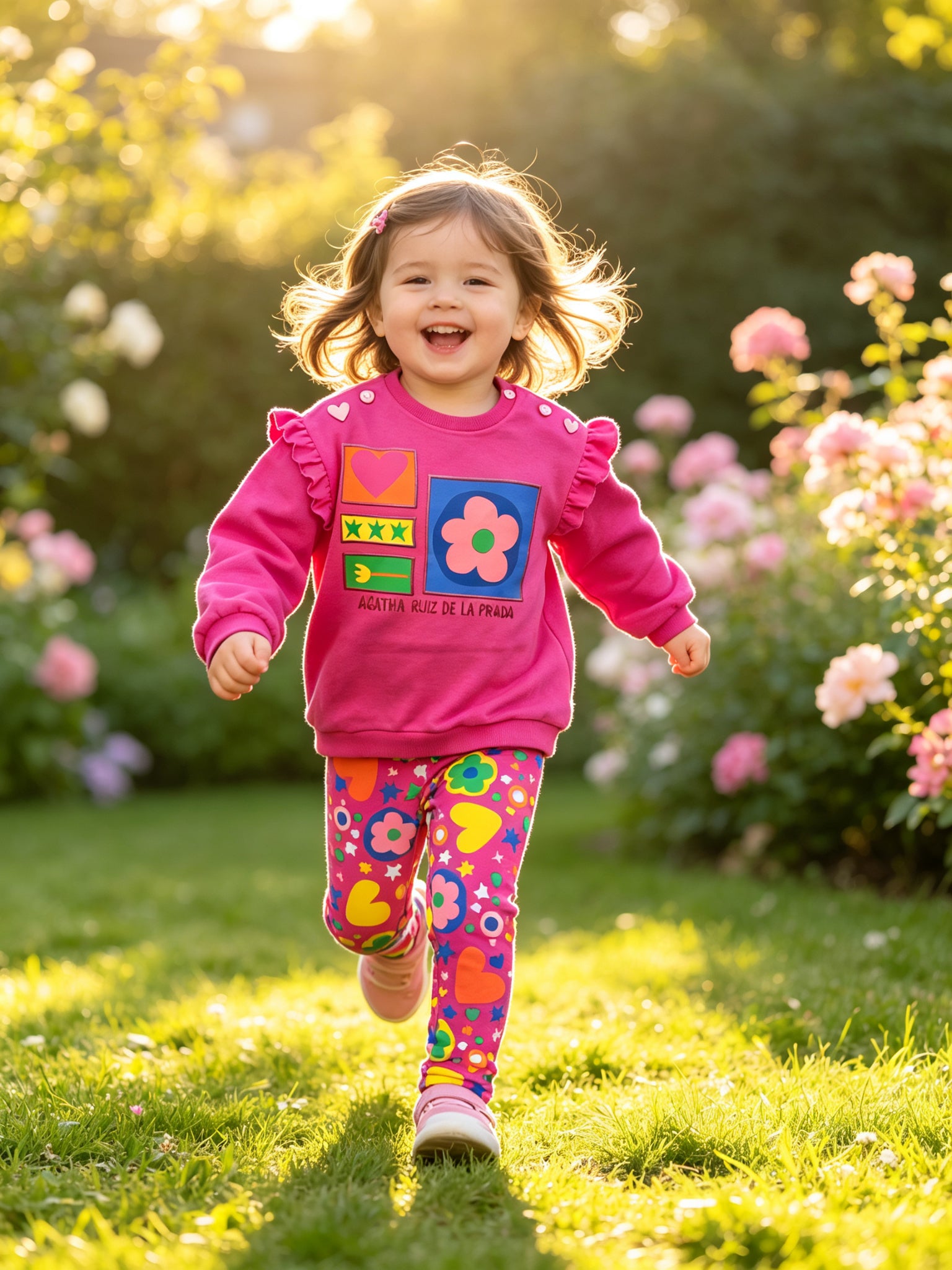 toddler running outdoors in a garden wearing fuchsia pink designer sweatshirt set