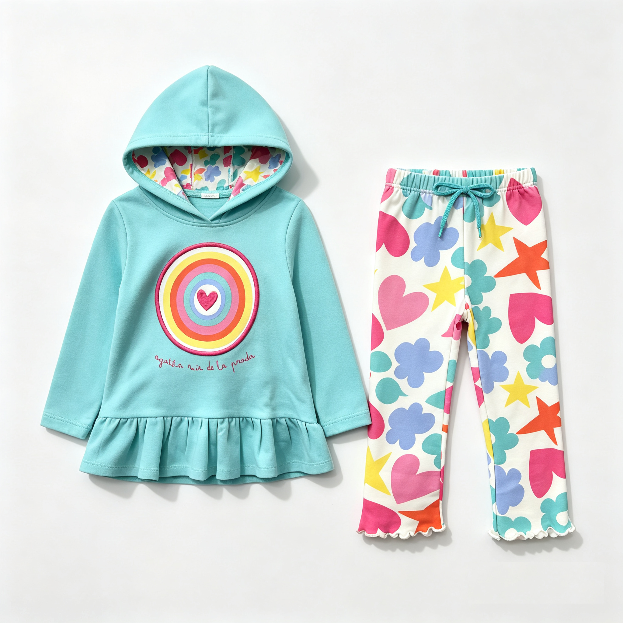girls turquoise hoodie and printed leggings two piece set flat lay