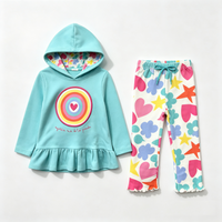 girls turquoise hoodie and printed leggings two piece set flat lay