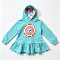 girls turquoise ruffle hem hoodie with rainbow heart embroidery flat lay