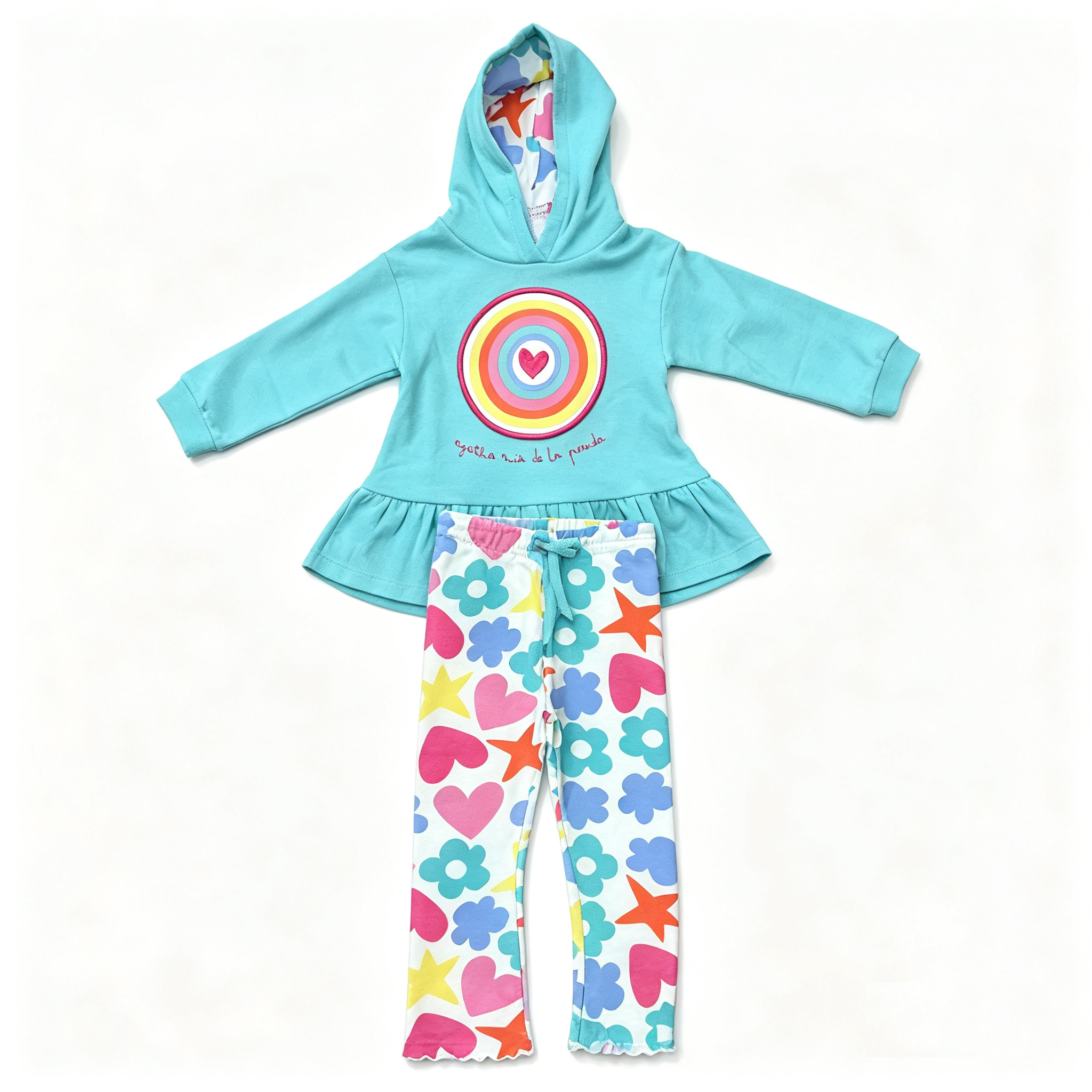 agatha ruiz de la prada turquoise hooded sweatshirt and leggings set flat lay