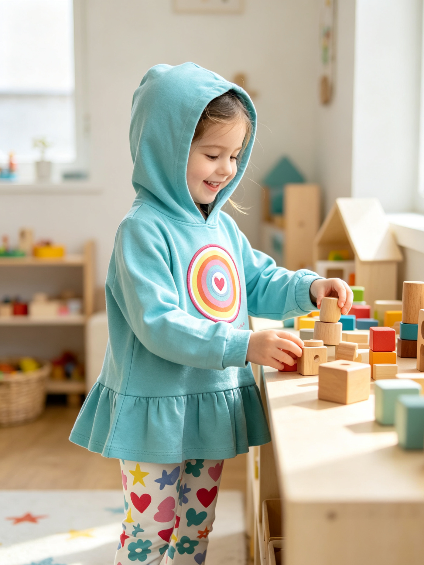 toddler playing with wooden blocks indoors wearing turquoise designer hoodie set