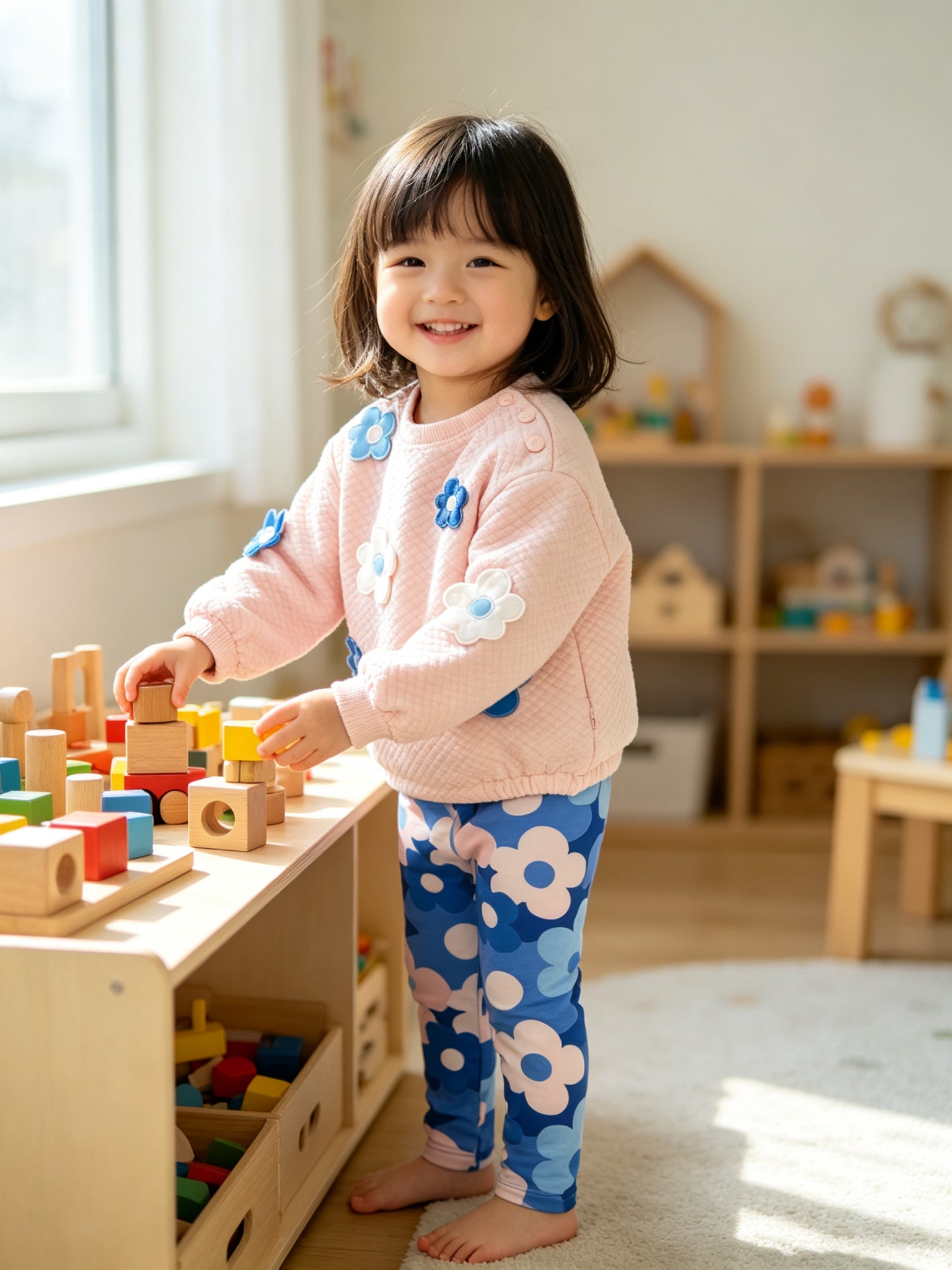 toddler playing indoors with wooden blocks wearing agatha ruiz de la prada pink quilted sweatshirt set