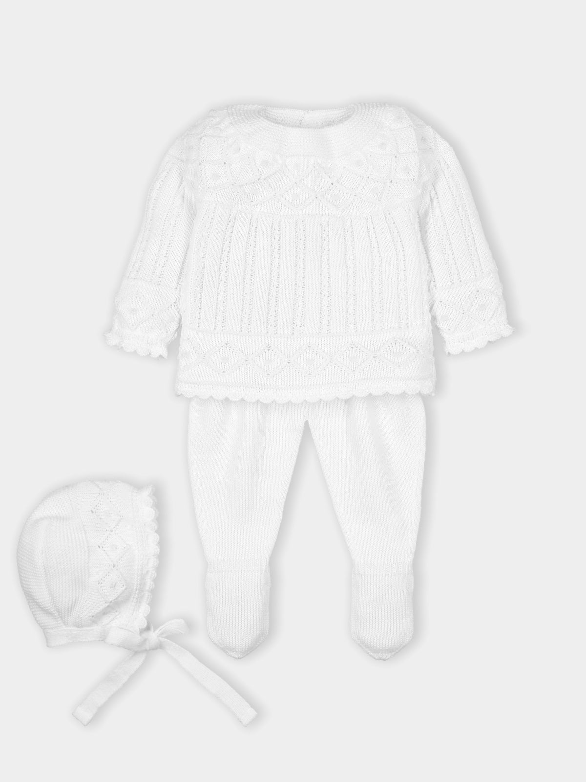 Mac Ilusion branded baby girls three piece knitted set finished in white. This set  consists of a knitted sweatshirt, closed feet trousers and a matching bonnet. Comes presented in a gift box, making it perfect for a new baby girl gift. Available in sizes 1 month, 3 month & 6 month.  Also available in Pink.  100% Acrylic 