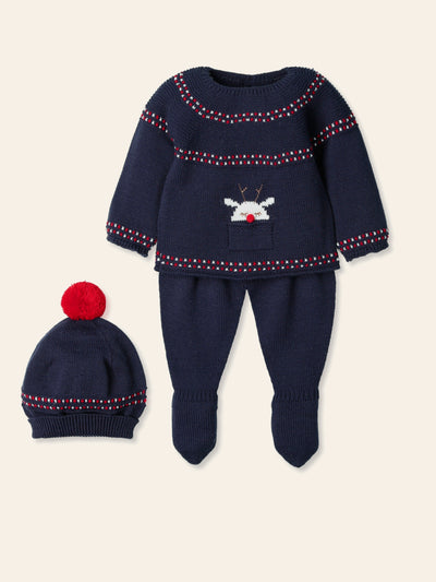 This navy knitted three piece set is perfect for baby boys this fall and winter season. Made by the Spanish boutique brand Mac Ilusion, this new arrival features a cute reindeer design on the top and a red bobble on the hat. With closed feet trousers and sizes available for 1 month, 3 month, and 6 month old babies, this set comes in a gift box, making it a perfect outfit for Christmas.