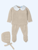 Baby boy three-piece outfit in beige with seamless knitted sweater, closed feet trousers, and matching bonnet from Mac Ilusion Spring Summer collection.