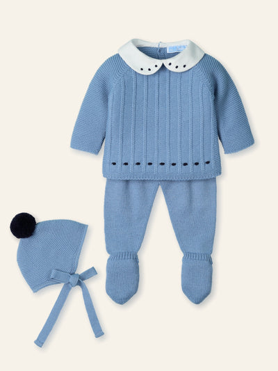 Luxury Mac Ilusión baby boy blue knitted outfit with bonnet
