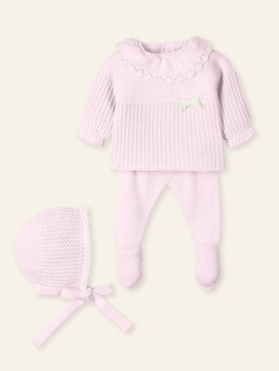 Luxury Mac Ilusión baby girl pink knitted outfit with ruffle collar bonnet