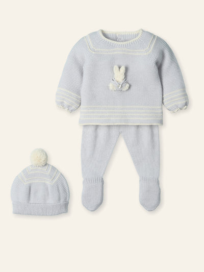 Luxury Mac Ilusión baby boys grey knitted outfit with rabbit motif